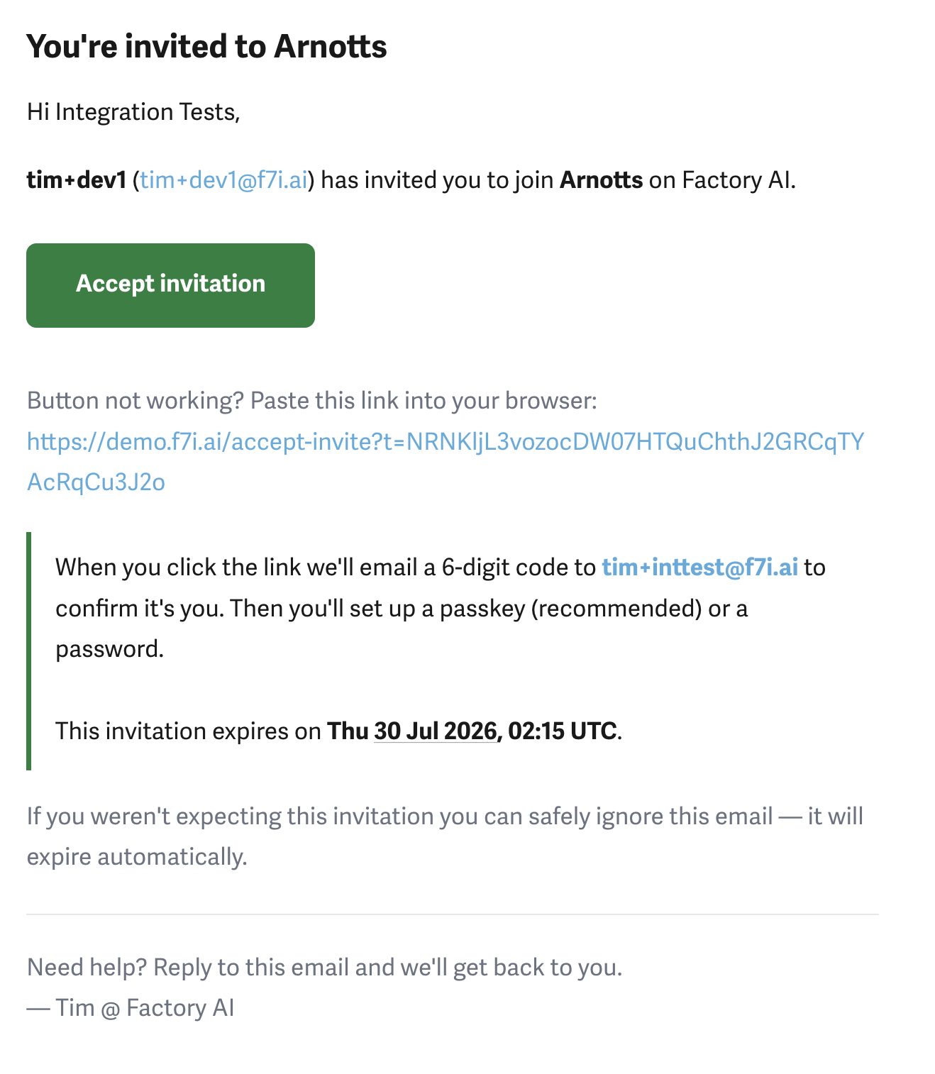 Invitation email
